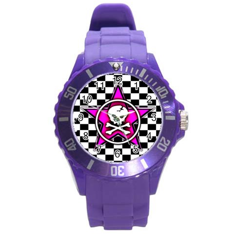 Pink Star Skull Checker Round Plastic Sport Watch Large from ArtsNow.com Front