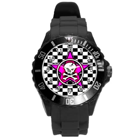 Pink Star Skull Checker Round Plastic Sport Watch Large from ArtsNow.com Front