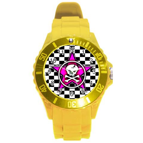 Pink Star Skull Checker Round Plastic Sport Watch Large from ArtsNow.com Front