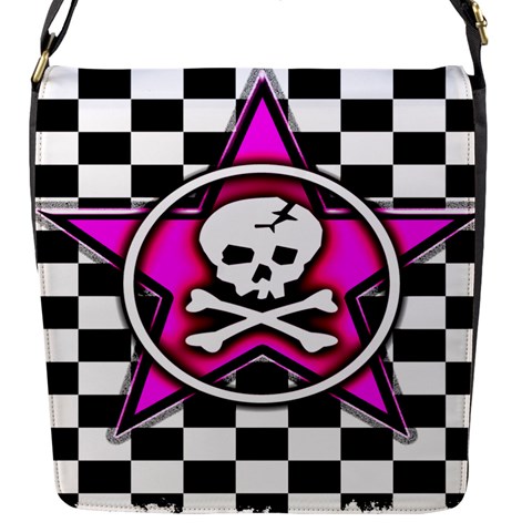 Pink Star Skull Checker Flap closure messenger bag (Small) from ArtsNow.com Front