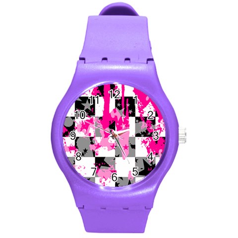 Pink Star Splatter Round Plastic Sport Watch Medium from ArtsNow.com Front