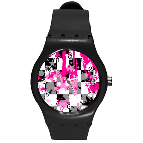 Pink Star Splatter Round Plastic Sport Watch Medium from ArtsNow.com Front