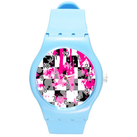 Pink Star Splatter Round Plastic Sport Watch Medium from ArtsNow.com Front