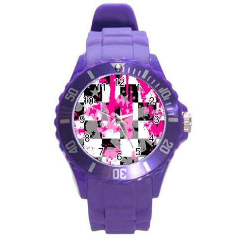 Pink Star Splatter Round Plastic Sport Watch Large from ArtsNow.com Front