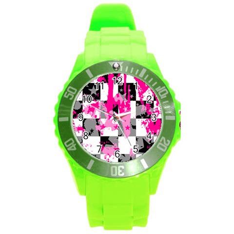 Pink Star Splatter Round Plastic Sport Watch Large from ArtsNow.com Front