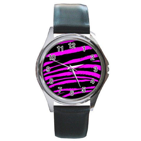 Pink Zebra Round Metal Watch from ArtsNow.com Front