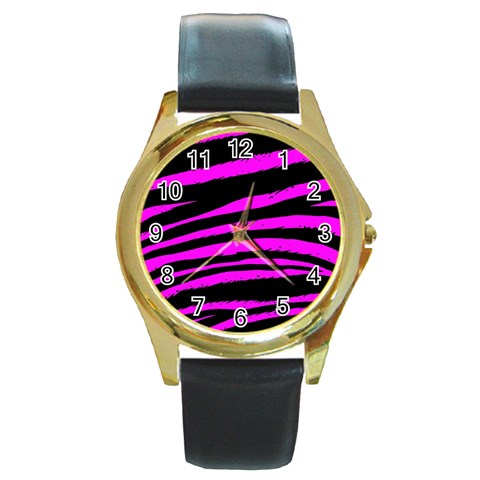 Pink Zebra Round Gold Metal Watch from ArtsNow.com Front