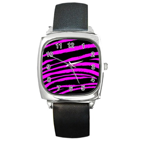 Pink Zebra Square Metal Watch from ArtsNow.com Front