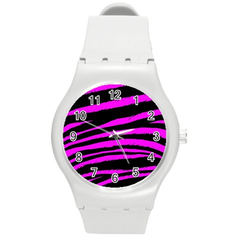 Pink Zebra Round Plastic Sport Watch Medium from ArtsNow.com Front