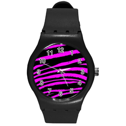 Pink Zebra Round Plastic Sport Watch Medium from ArtsNow.com Front