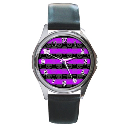 Purple Goth Skulls  Round Metal Watch from ArtsNow.com Front