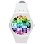 Rainbow Checker Skull Splatter Round Plastic Sport Watch Medium