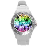 Rainbow Checker Skull Splatter Round Plastic Sport Watch Large