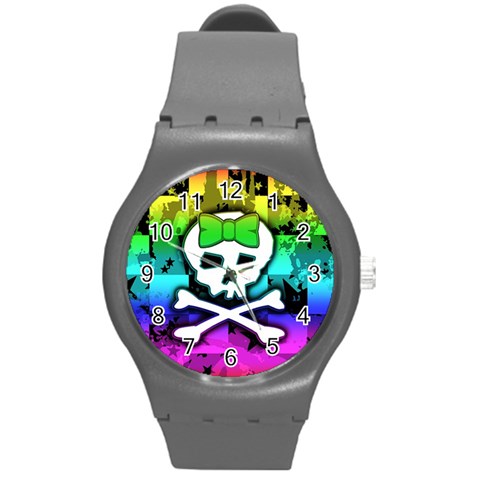 Rainbow Skull Round Plastic Sport Watch Medium from ArtsNow.com Front