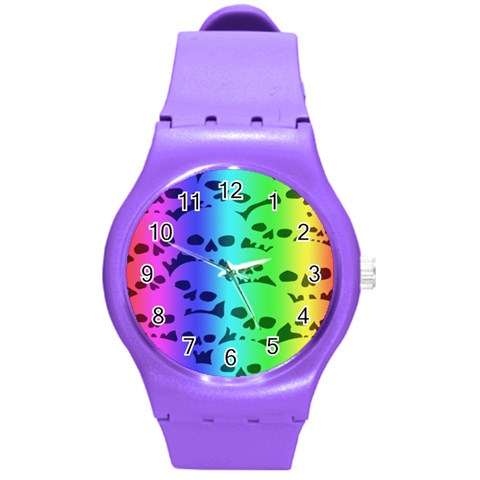 Rainbow Skull Collection Round Plastic Sport Watch Medium from ArtsNow.com Front