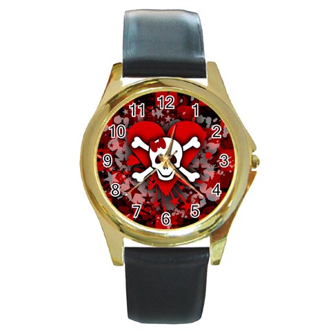 Skull Romance  Round Gold Metal Watch from ArtsNow.com Front