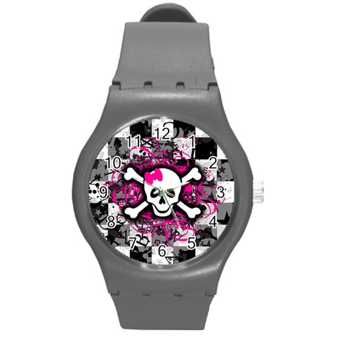 Splatter Girly Skull Round Plastic Sport Watch Medium from ArtsNow.com Front