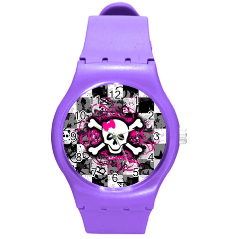 Splatter Girly Skull Round Plastic Sport Watch Medium from ArtsNow.com Front