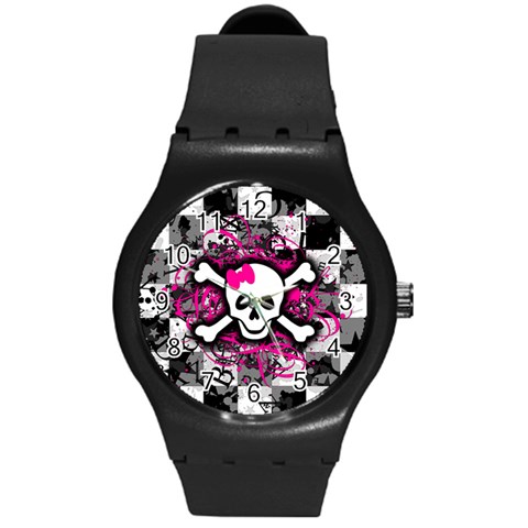 Splatter Girly Skull Round Plastic Sport Watch Medium from ArtsNow.com Front