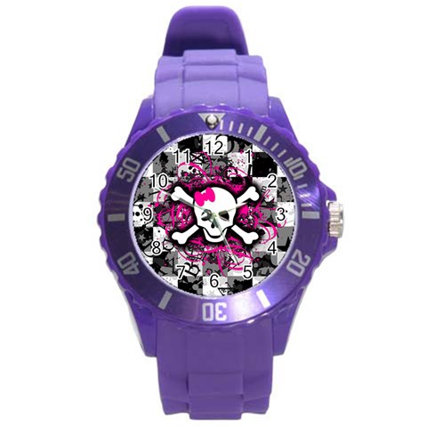 Splatter Girly Skull Round Plastic Sport Watch Large from ArtsNow.com Front