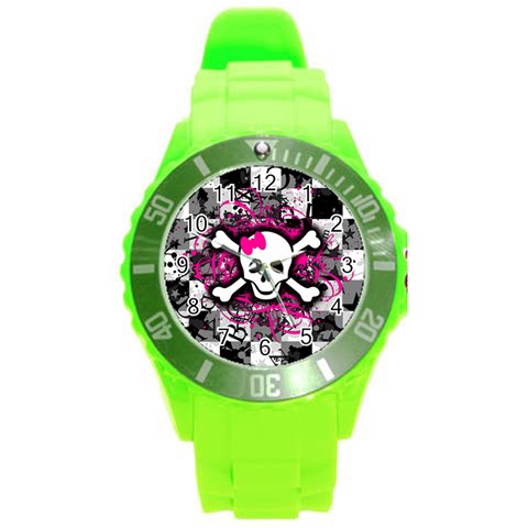 Splatter Girly Skull Round Plastic Sport Watch Large from ArtsNow.com Front