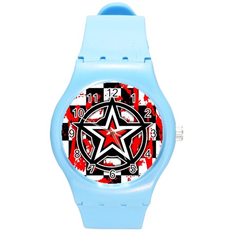 Star Checkerboard Splatter Round Plastic Sport Watch Medium from ArtsNow.com Front