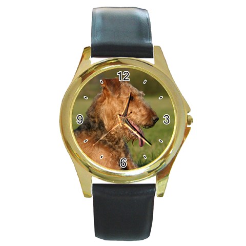 Use Your Dog Photo Airedale Terrier Round Gold Metal Watch from ArtsNow.com Front