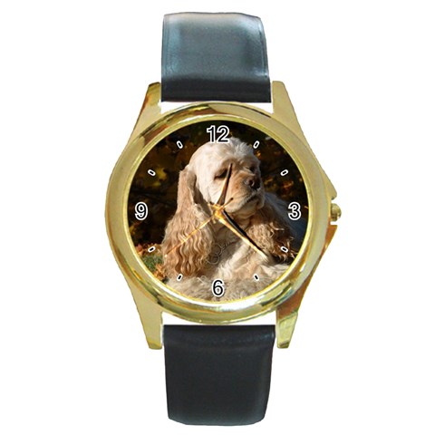 Use Your Dog Photo Cocker Spaniel Round Gold Metal Watch from ArtsNow.com Front