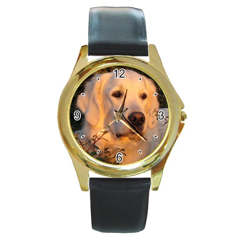 Use Your Dog Photo Golden Retriever Round Gold Metal Watch from ArtsNow.com Front