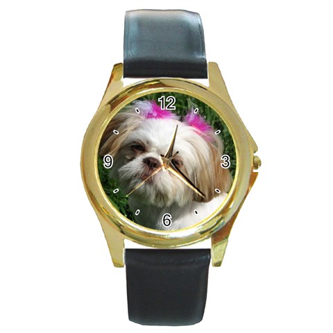 Use Your Dog Photo Shih Tzu Round Gold Metal Watch from ArtsNow.com Front