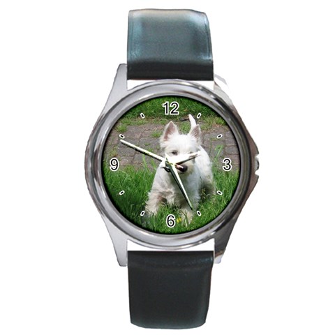 Use Your Dog Photo Westie Round Metal Watch from ArtsNow.com Front