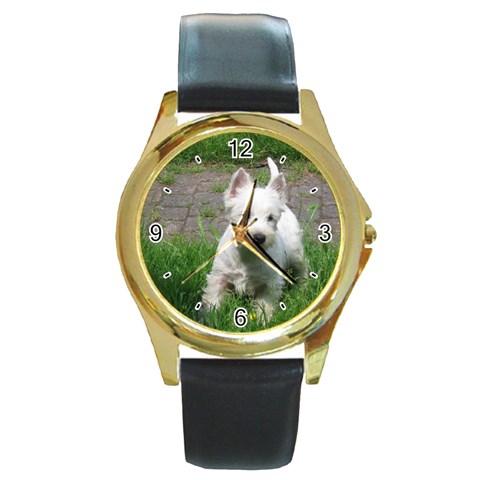 Use Your Dog Photo Westie Round Gold Metal Watch from ArtsNow.com Front