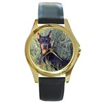 Doberman Pinscher Round Gold Metal Watch