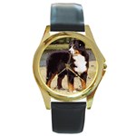 Bernese Mountain Dog Round Gold Metal Watch