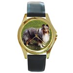 Shetland Sheepdog Sheltie Round Gold Metal Watch