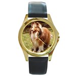 Shetland Sheepdog Sheltie Round Gold Metal Watch