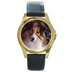 Shetland Sheepdog Sheltie Round Gold Metal Watch