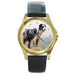 Australian Shepherd Round Gold Metal Watch