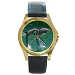 Dolphins Round Gold Metal Watch