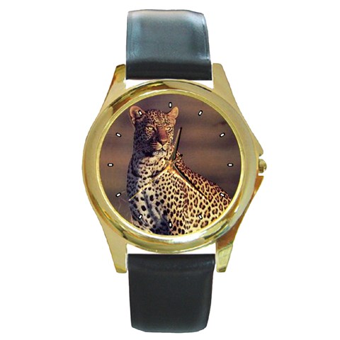 Leopard Round Gold Metal Watch from ArtsNow.com Front