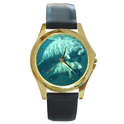 Manatees Round Gold Metal Watch from ArtsNow.com Front