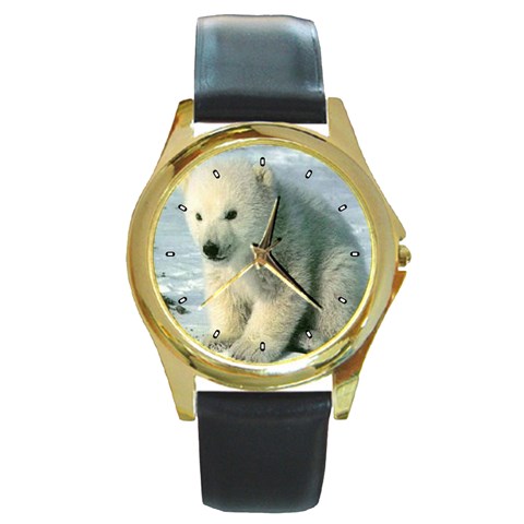 Polar Bear Cub Round Gold Metal Watch from ArtsNow.com Front