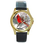 Cardinal Red Bird Round Gold Metal Watch