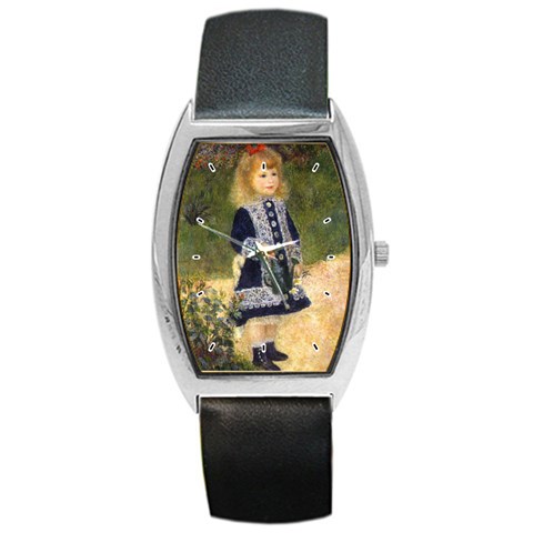 Girl With a Watering Can Renoir Barrel Style Metal Watch from ArtsNow.com Front