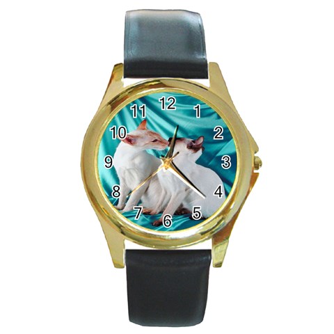 Siamese Kissy Kissy Round Gold Metal Watch from ArtsNow.com Front