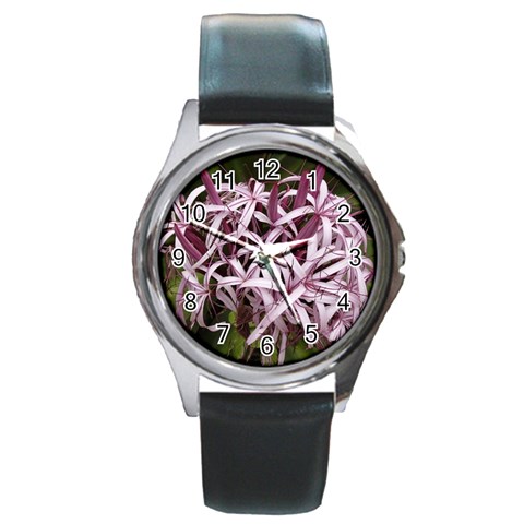 purple flowers Round Metal Watch from ArtsNow.com Front