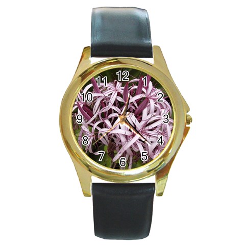 purple flowers Round Gold Metal Watch from ArtsNow.com Front