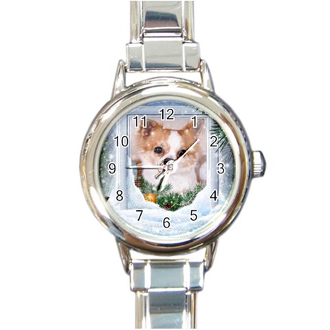 Puppy watching snow Round Italian Charm Watch from ArtsNow.com Front