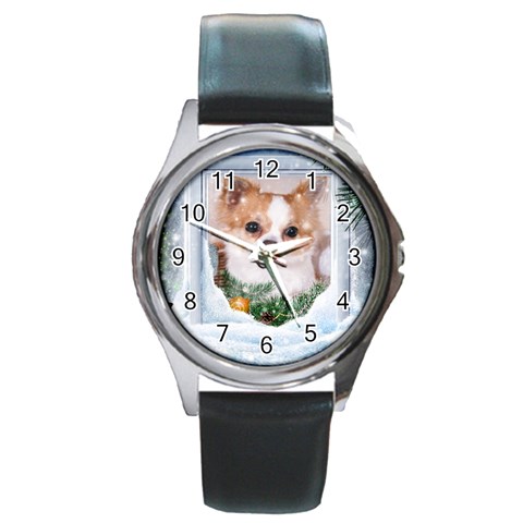 Puppy watching snow Round Metal Watch from ArtsNow.com Front