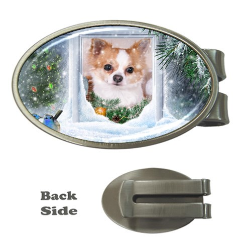 Puppy watching snow Money Clip (Oval) from ArtsNow.com Front